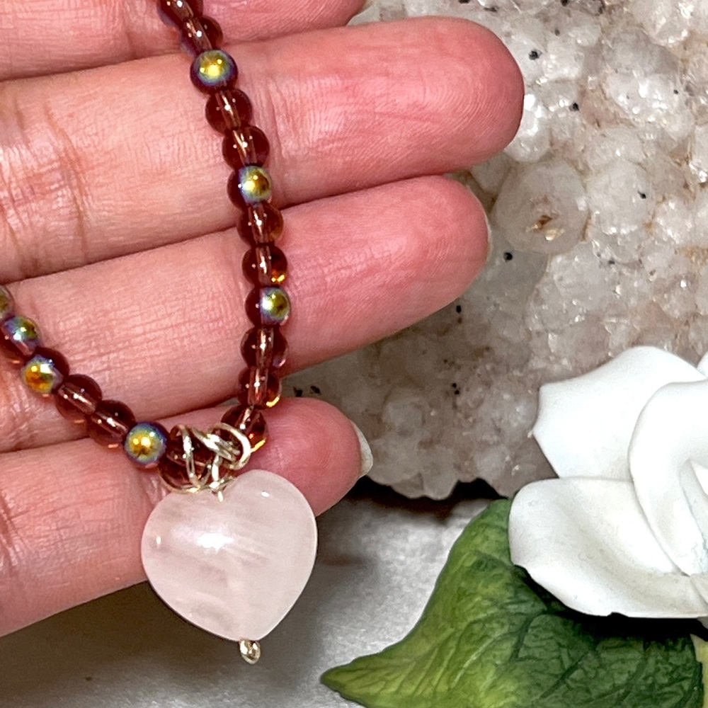 Beaded and Rose Quartz Heart Necklace